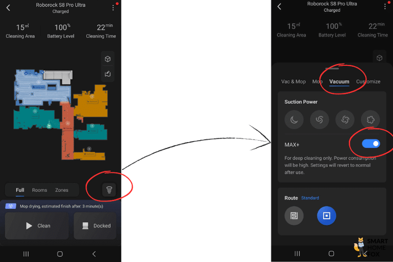 Настройка мощности всасывания Max+ задается в приложении Roborock S8 Pro Ultra.